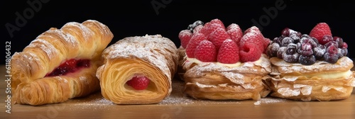 a photo of french viennoiserie breakfast with freshly baked croissants and berries. aspect ratio 3:1. Generative AI photo