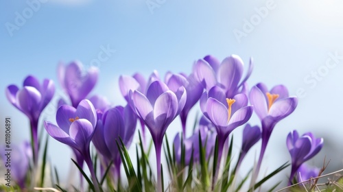 Beautiful purple crocus flowers against a blue sky. Generative AI.