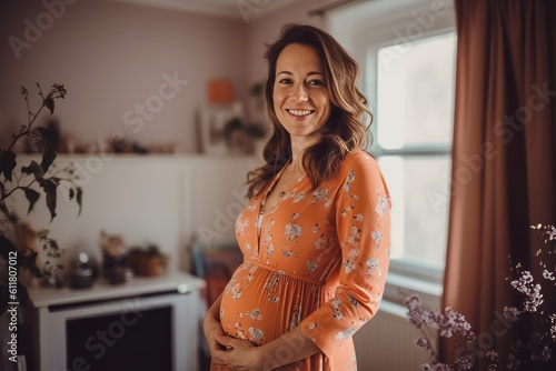 Portrait of a beautiful pregnant woman in orange dress at home. photo