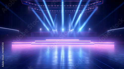 Embodiment of drama  The empty stage  adorned with lighting equipment  comes to life with a spotlight s radiant glow in stunning 3D rendering. Generative AI