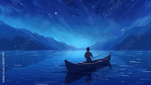 boy rowing a boat in the sea of the starry night. Fantasy concept , Illustration painting. Generative Ai