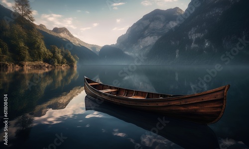 Canvas Print The canoe is anchored in a lake near the mountains