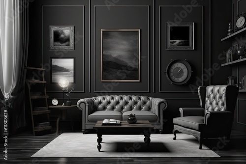 a single gray color, a picture frame background, a single coffee table, and an armchair in a monochromatic dark gray interior room. Generative AI © 2rogan