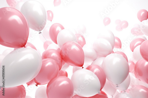fliegende rosa pink und weiße Ballons auf hellem Hintergrund. Querformat. Generative Ai.