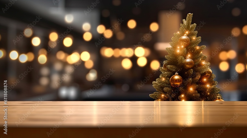 Background of Christmas. a wooden table that is empty against a background of a Christmas tree, a kitchen cabinet, Santa, and a golden New Year's bokeh. The product montage is prepared. Generative AI
