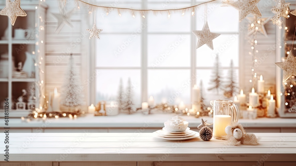 An empty wooden table is displayed against a Scandinavian-style, light Christmas kitchen. Background of Christmas. The product montage is prepared. Happy Holidays and a Prosperous New Generative AI