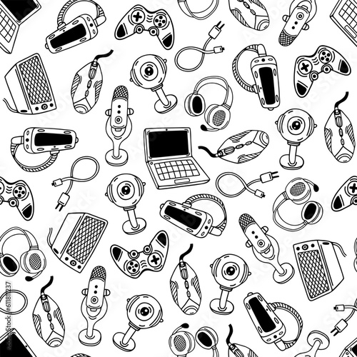 Modern gadgets seamless vector pattern. Laptop, VR headset, joystick, headphones, microphone, webcam. Device for streaming, blogging, podcast, video games. Black and white background for prints, web