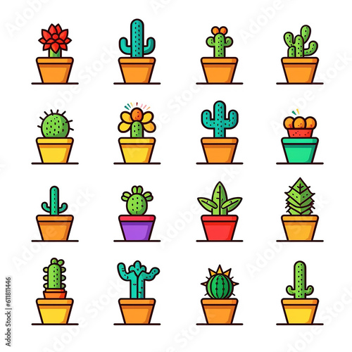 Set of 16 cactus on plant pots icon vector art isolated on white background. Minimal cartoon with solid color and bold outline art style. Digital illustration generative AI.