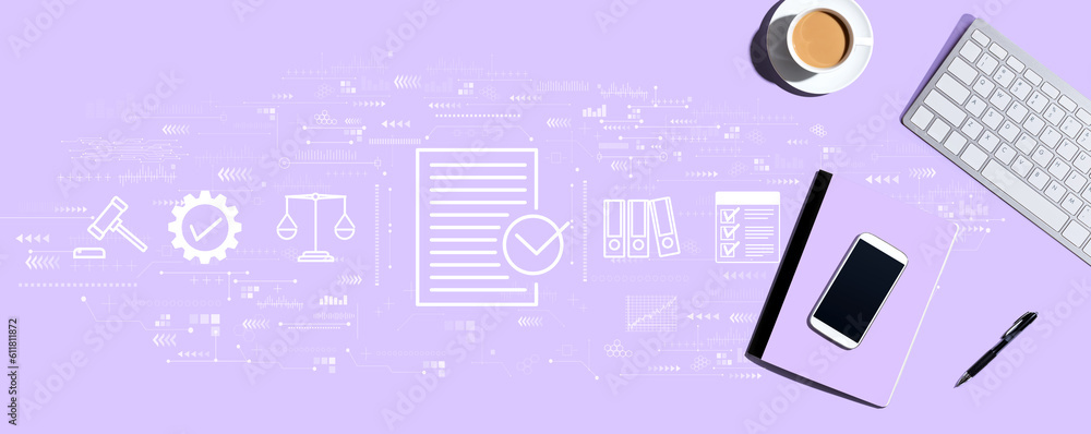 Compliance theme with a computer keyboard and office items Compliance theme with a computer keyboard and office items