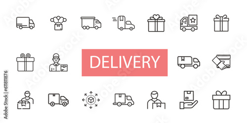 Delivery line icon set. Courier, truck, package vector illustration