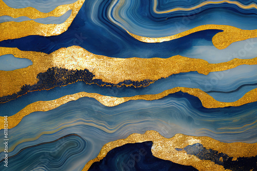 Blue and golden acrylic liquid ink swirl abstract background with ravishing turbulence wavy pattern and detailed texture. Luxury fluid liquid art by Generative AI.