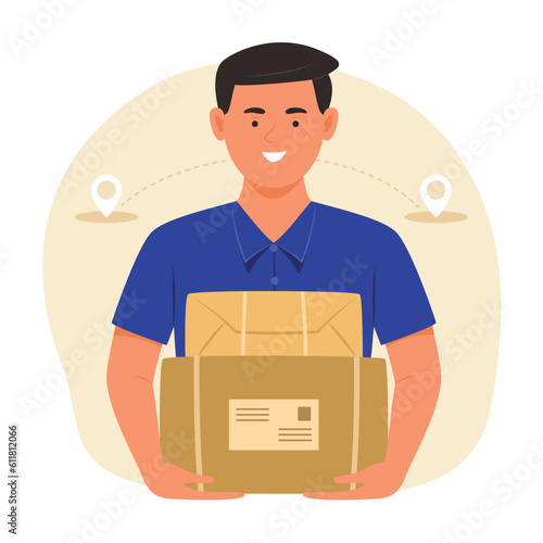 Delivery Man Holding the Parcel Boxes with Location Icons on Background for Shipping Concept Illustration