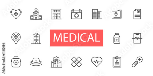 Vector medical line icons. Set of line icons. Hospital, clinic, first aid kit, etc.
