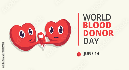 world blood donor day Background with the love heart character gives a blood bag to his friend. Suitable to place on content with that theme. Vector file every object is on separated layer © Indra