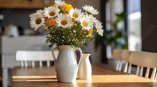 Wallpaper Mural a close-up of a white vase with flowers on a wooden dining table and chairs Generative AI Torontodigital.ca