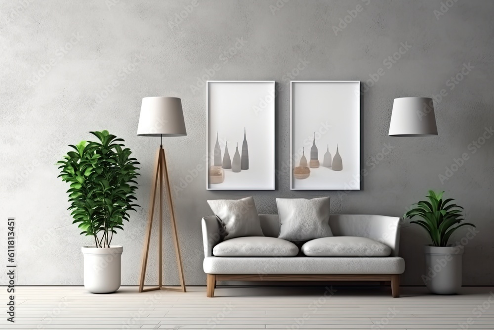 Decor for a Scandinavian and modern home featuring a mock-up gray poster frame, pedestals in white and grey with chic accessories, a lamp, and potted plants Interior design for a modern, Generative AI Decor for a Scandinavian and modern home featuring a mock-up gray poster frame, pedestals in white and grey with chic accessories, a lamp, and potted plants Interior design for a modern, Generative AI