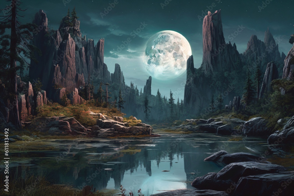 beautiful landscape of rocks and a lake under a full moon created with ...