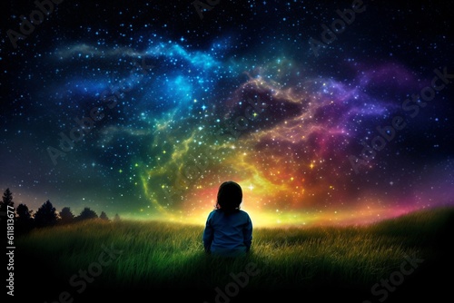 a girl sits in the meadow and admires the colorful sky lights created with Generative AI technology