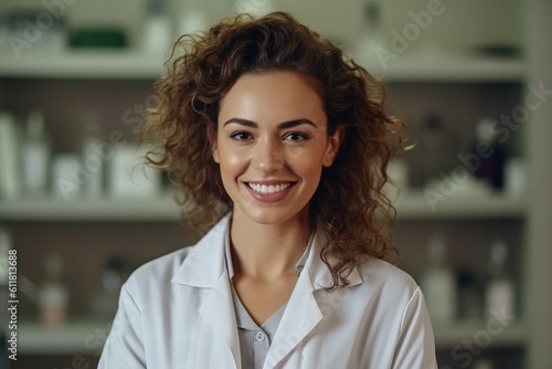 Portrait of smiling young female cosmetologist in white coat looking at camera