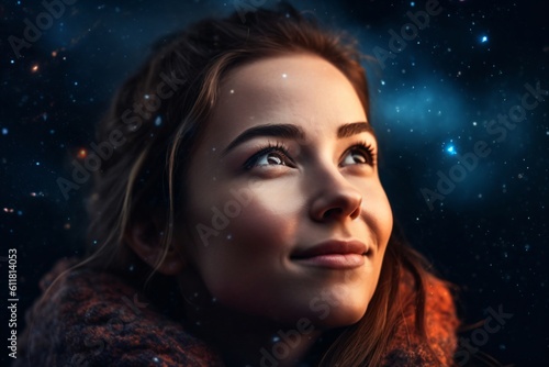 a woman in side profile looks at the stars created with Generative AI technology