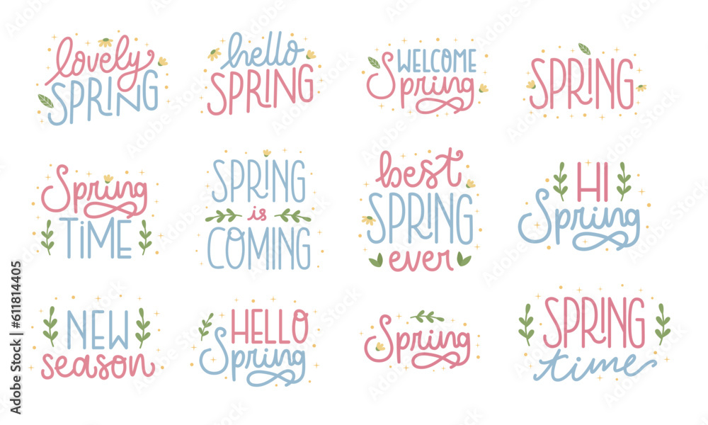 Set of spring hand lettering with pastel color. Set of spring hand lettering with pastel color.