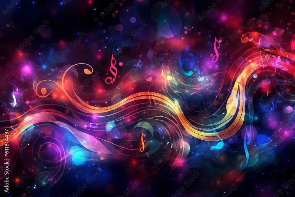 Harmony and Melody Dancing: music treble with colorful streaks of sound, Generative AI