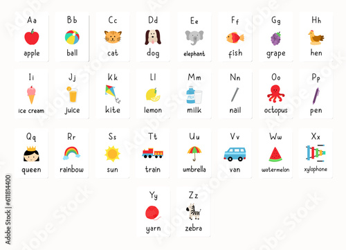 English vocabulary and alphabet flash card vector for kid. English alphabet illustrated dictionary..