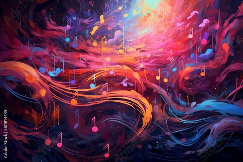Harmony and Melody Dancing: music treble with colorful streaks of sound, Generative AI