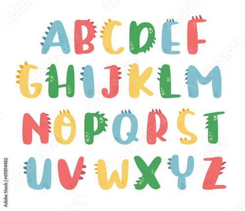 Dinosaur alphabet letters. Cartoon cute Dinosaur alphabet. Dino font with letters.
