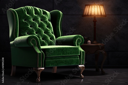 Dark interior of a living room with an emerald green recliner with a pillow next to a grey wooden toilet. Generative AI