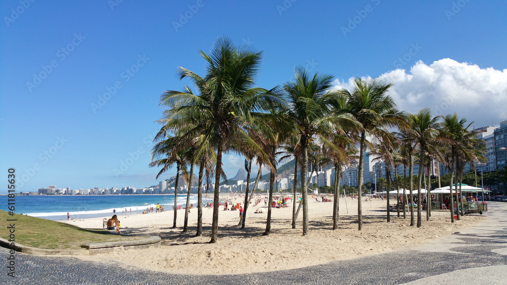 Famous Leme and Copacabana beach with coconut trees in Rio de Janeiro Brazil Famous Leme and Copacabana beach with coconut trees in Rio de Janeiro Brazil