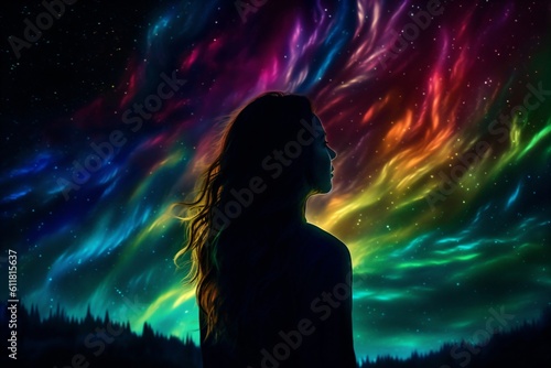 woman with long hair, the sky shines in rainbow colors created with Generative AI technology