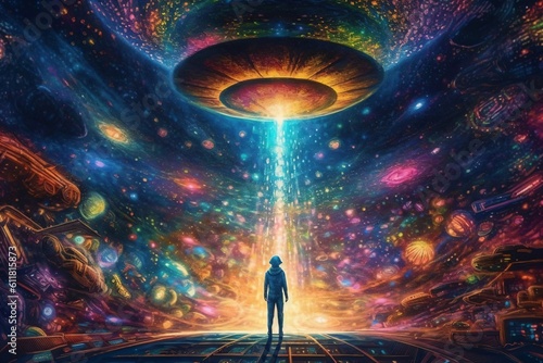 colorful illustration of an alien being picked up by his spaceship created with Generative AI technology