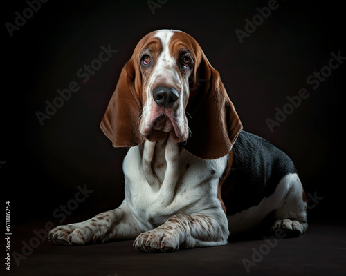 Studio portrait on dark background of a Basset Hound dog created with Generative AI technology.