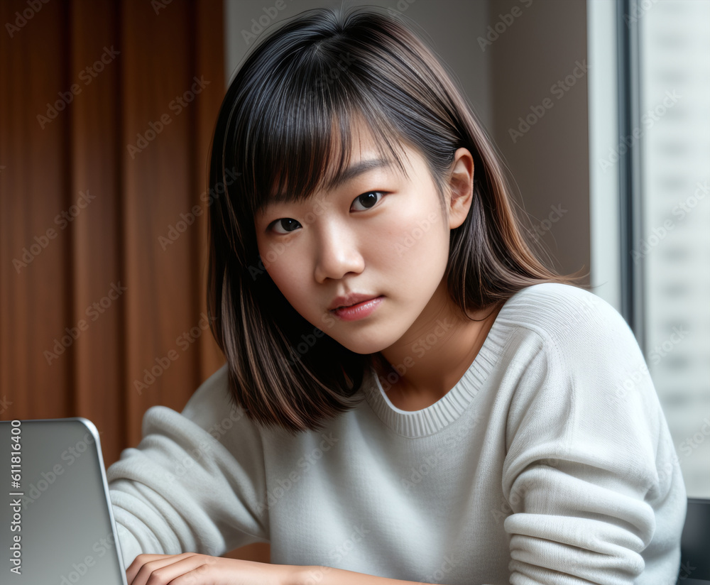 Asian teenage girl concentrating on laptop and books, education, technology concept created with generative AI. Asian teenage girl concentrating on laptop and books, education, technology concept created with generative AI.