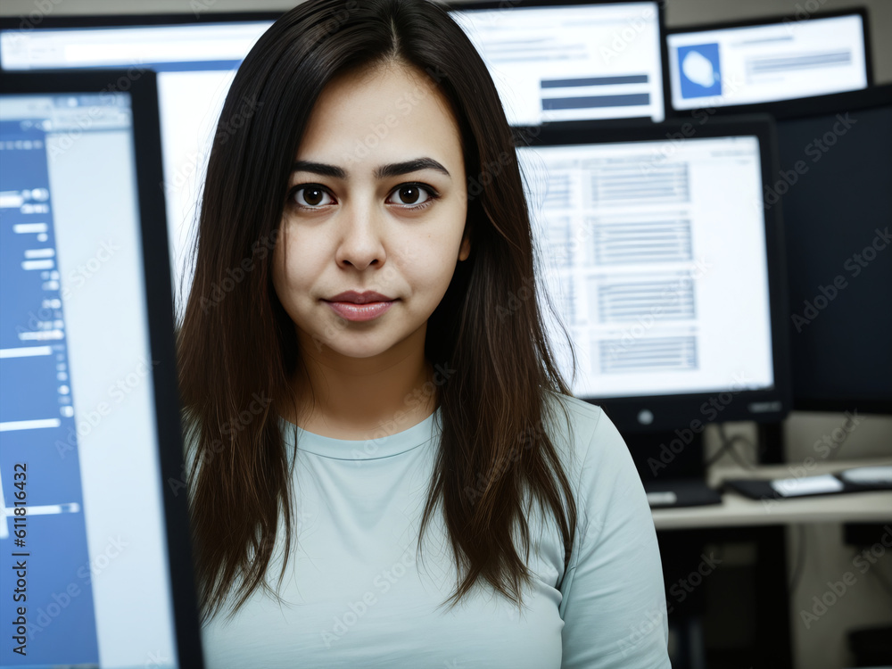Eastern middle aged software developer woman in a room of illuminated monitors. Intelligence, progress, productivity concept created with generative AI. Eastern middle aged software developer woman in a room of illuminated monitors. Intelligence, progress, productivity concept created with generative AI.