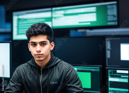 Portrait of hispanic hacker man in front of glowing screens. Creativity, innovation, collaboration concept created with generative AI.
