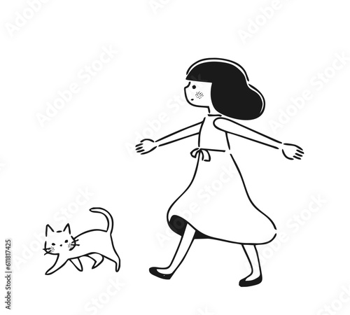 前進する女性　モノクロ