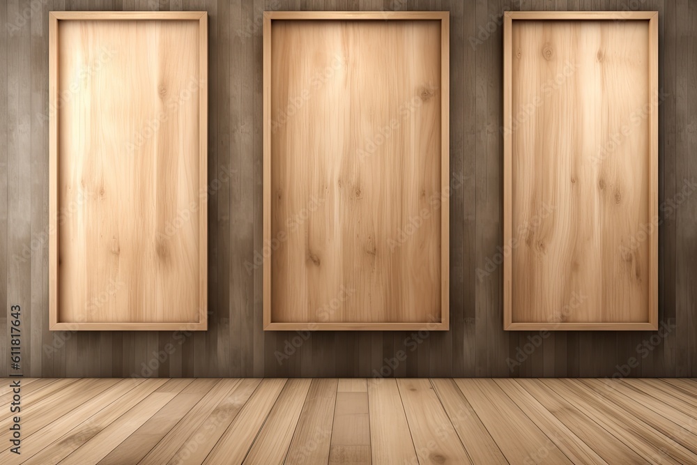 Three wooden frames leaning inside a mockup of a bright hardwood home. Generative AI Three wooden frames leaning inside a mockup of a bright hardwood home. Generative AI