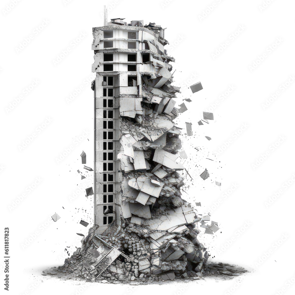 Destroyed skyscraper after earthquake isolated on transparent