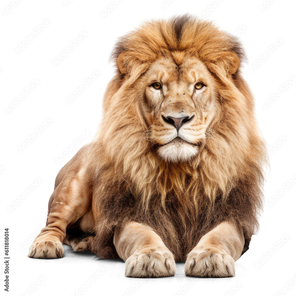 A handsome male lion sitting isolated on a transparent background. Proud male lion generative AI A handsome male lion sitting isolated on a transparent background. Proud male lion generative AI