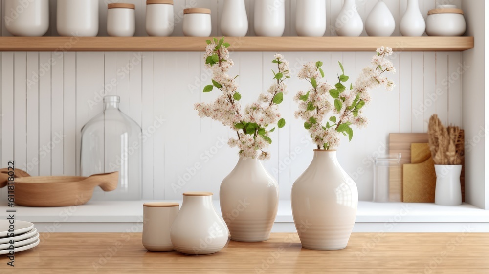 White interior design, a wooden table top or shelf with modern vases in a blurred Scandinavian classic kitchen Generative AI