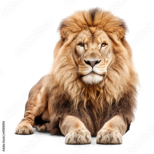 A handsome male lion sitting isolated on a transparent background. Proud male lion generative AI