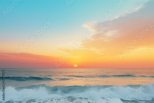 sunset on the beach, bright multi-colored sky and sun over the sea at sunrise, panorama