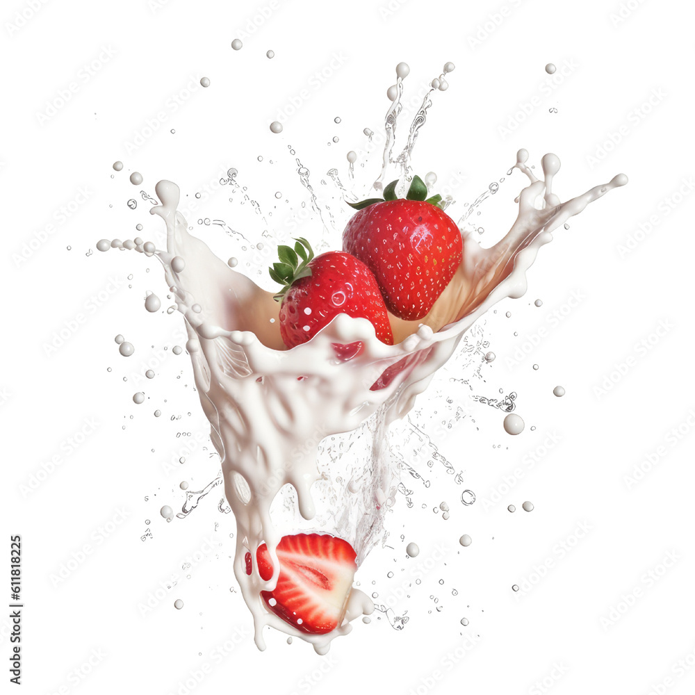 milk splash with strawberries isolated on transparent background. milky liquid splashes isolated png generative AI milk splash with strawberries isolated on transparent background. milky liquid splashes isolated png generative AI