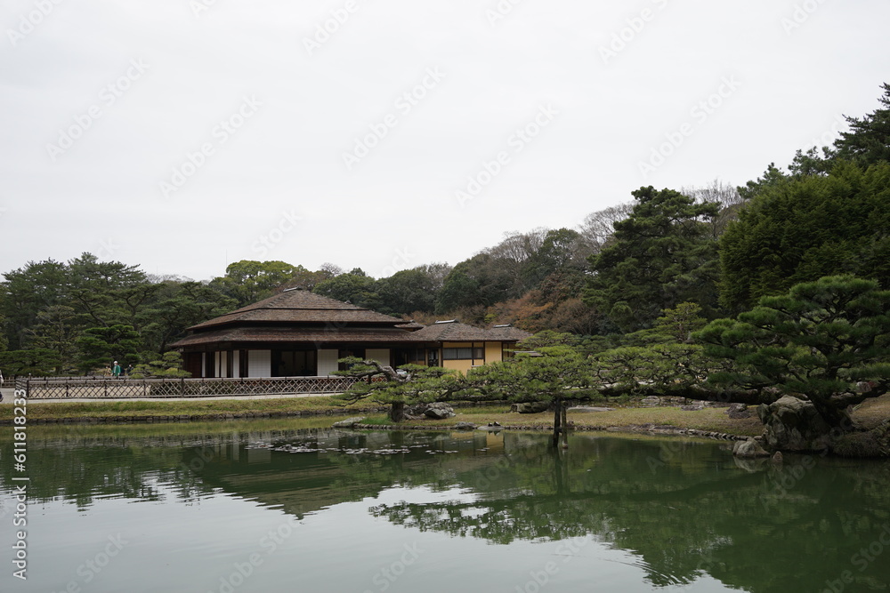Traditional Pond and Japanese Garden at Ritsurin Garden Park in Takamatsu, Kagawa, Japan - 日本 香川 高松 栗林公園 日本庭園 池	