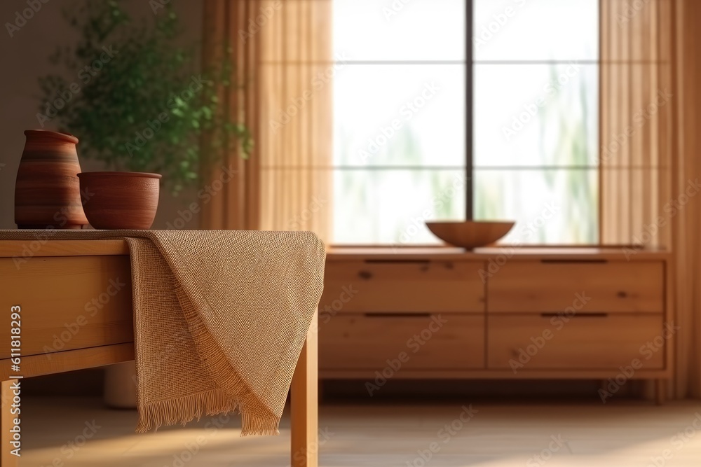 Fototapeta premium Close-up of a living room with a blurred background and a mock-up frame. drawer chest made of wood. design of a farmhouse interior Generative AI