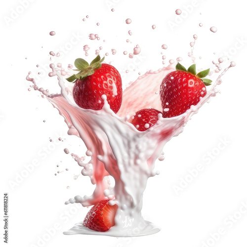 milk splash with strawberries isolated on transparent background. strawberries with splash effect isolated png generative AI