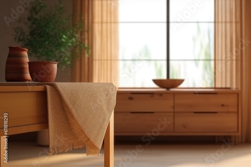 Close-up of a living room with a blurred background and a mock-up frame. drawer chest made of wood. design of a farmhouse interior Generative AI