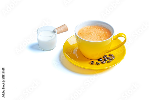 Fototapeta Naklejka Na Ścianę i Meble -  Yellow coffee cup and fresh milk cup on a white background
